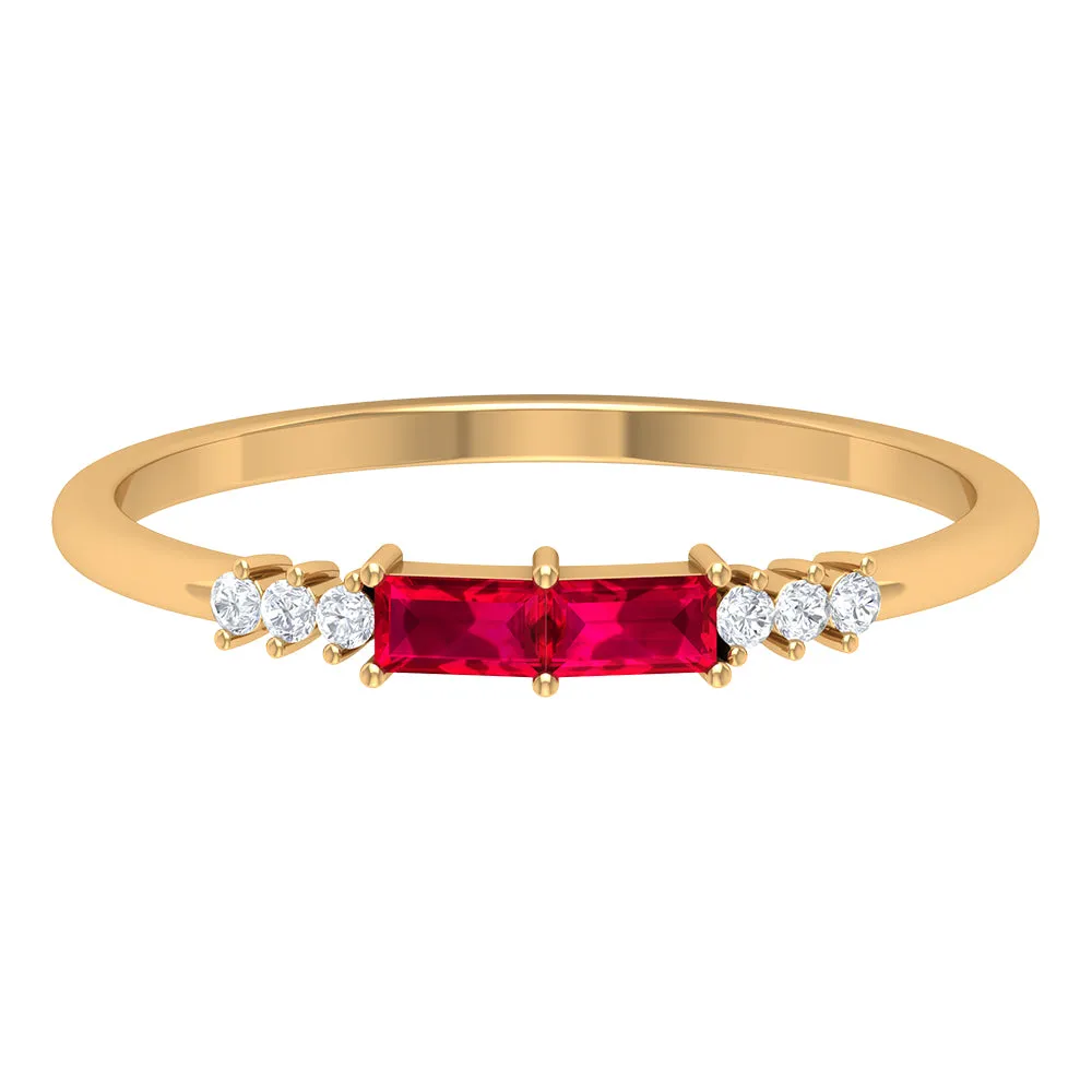 0.50 CT Baguette Shape Ruby Stackable Ring with Diamond