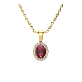 1 Carat Oval Shape Ruby And Halo Diamond Necklace In 14 Karat Yellow Gold With 18 Inch Chain