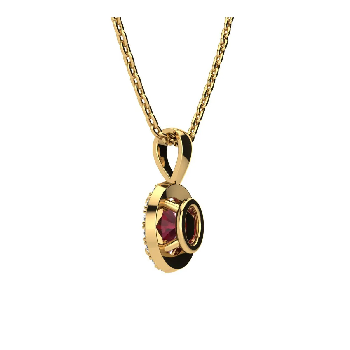 1 Carat Oval Shape Ruby And Halo Diamond Necklace In 14 Karat Yellow Gold With 18 Inch Chain