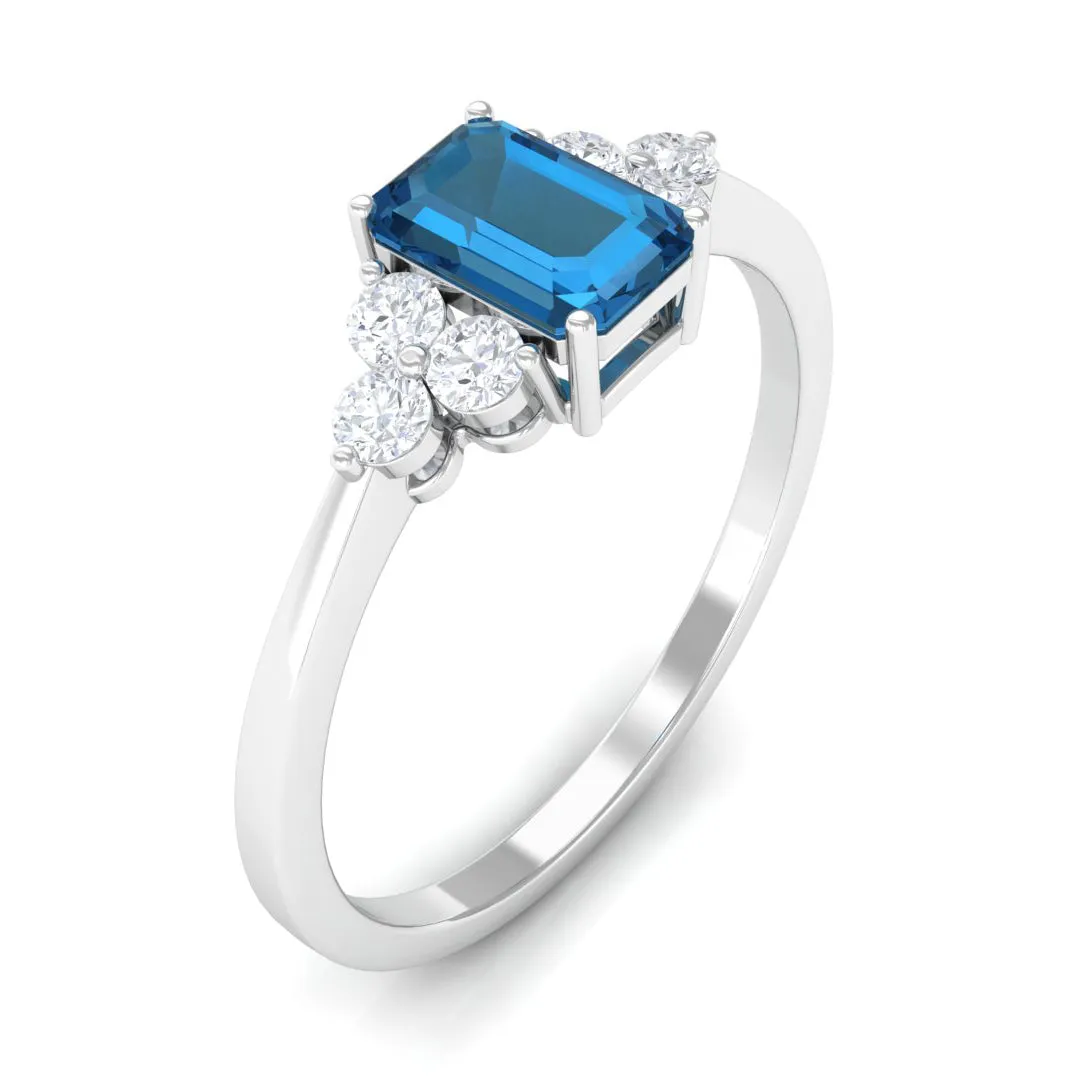 1 CT Emerald Cut London Blue Topaz Solitaire Ring with Diamond Trio