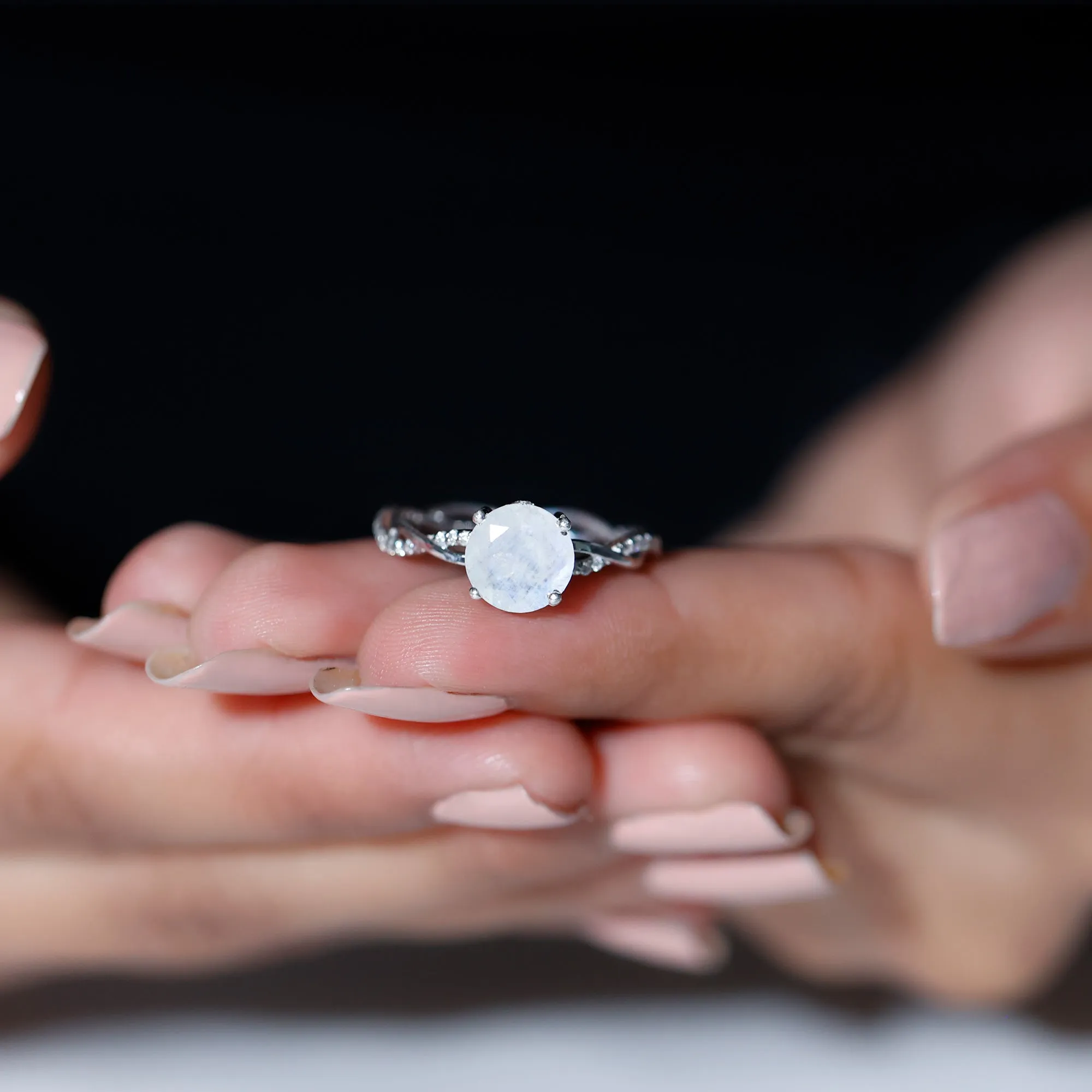 1 CT Moonstone Solitaire and Diamond Braided Engagement Ring