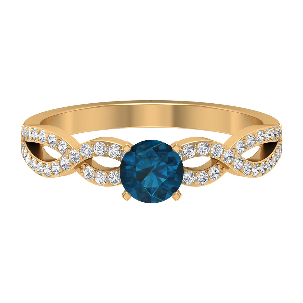 1 CT Round Shape London Blue Topaz and Diamond Criss Cross Ring