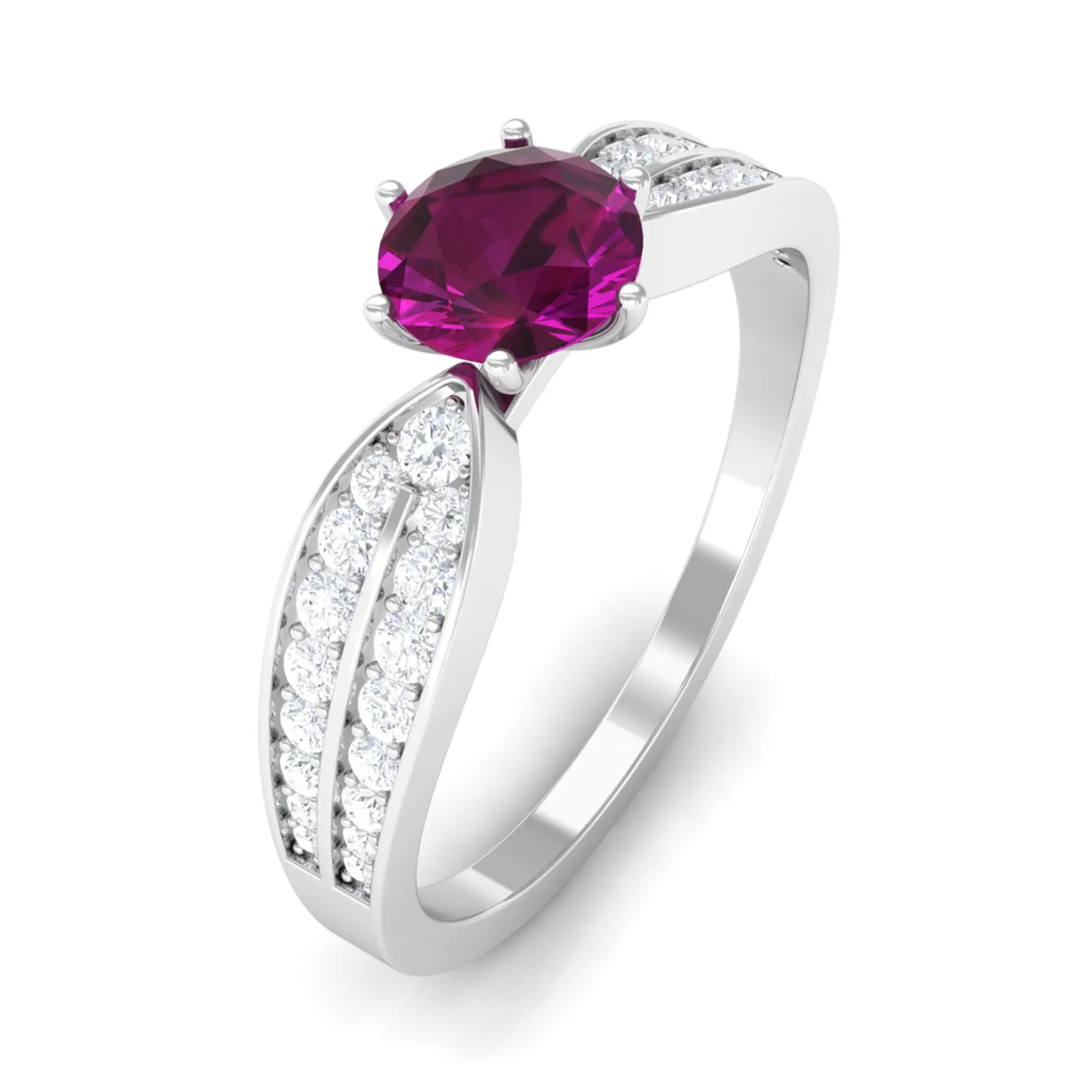 1 CT Six Prong Set Rhodolite Engagement Ring with Diamond Side Stones