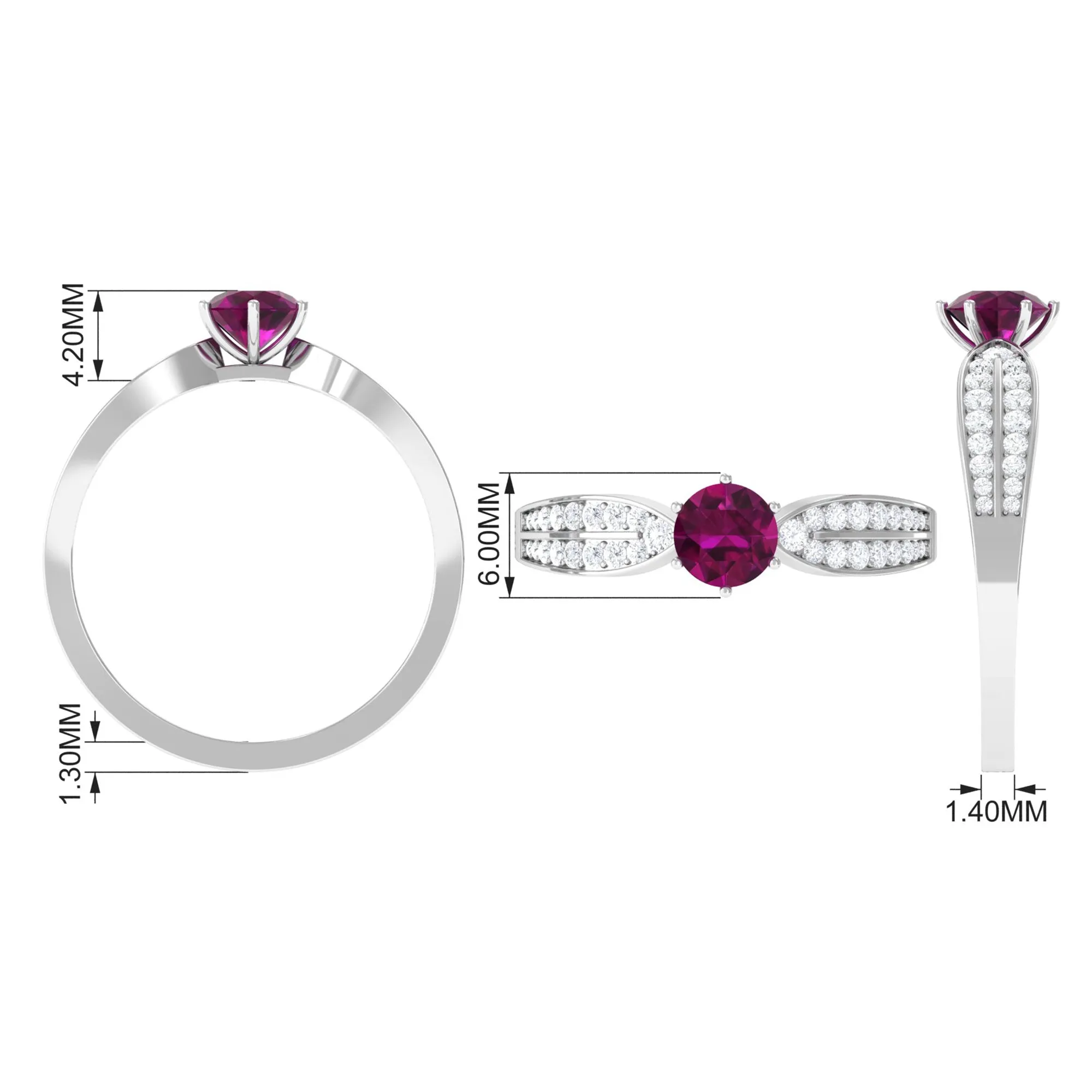 1 CT Six Prong Set Rhodolite Engagement Ring with Diamond Side Stones