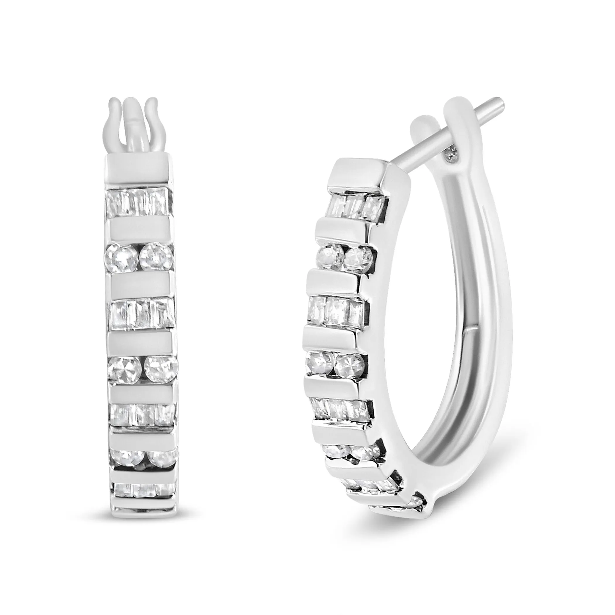 10K Gold Round and Baguette-Cut Diamond Hoop Earrings (I-J Color, I2-I3 Clarity) - Pack Of: 1