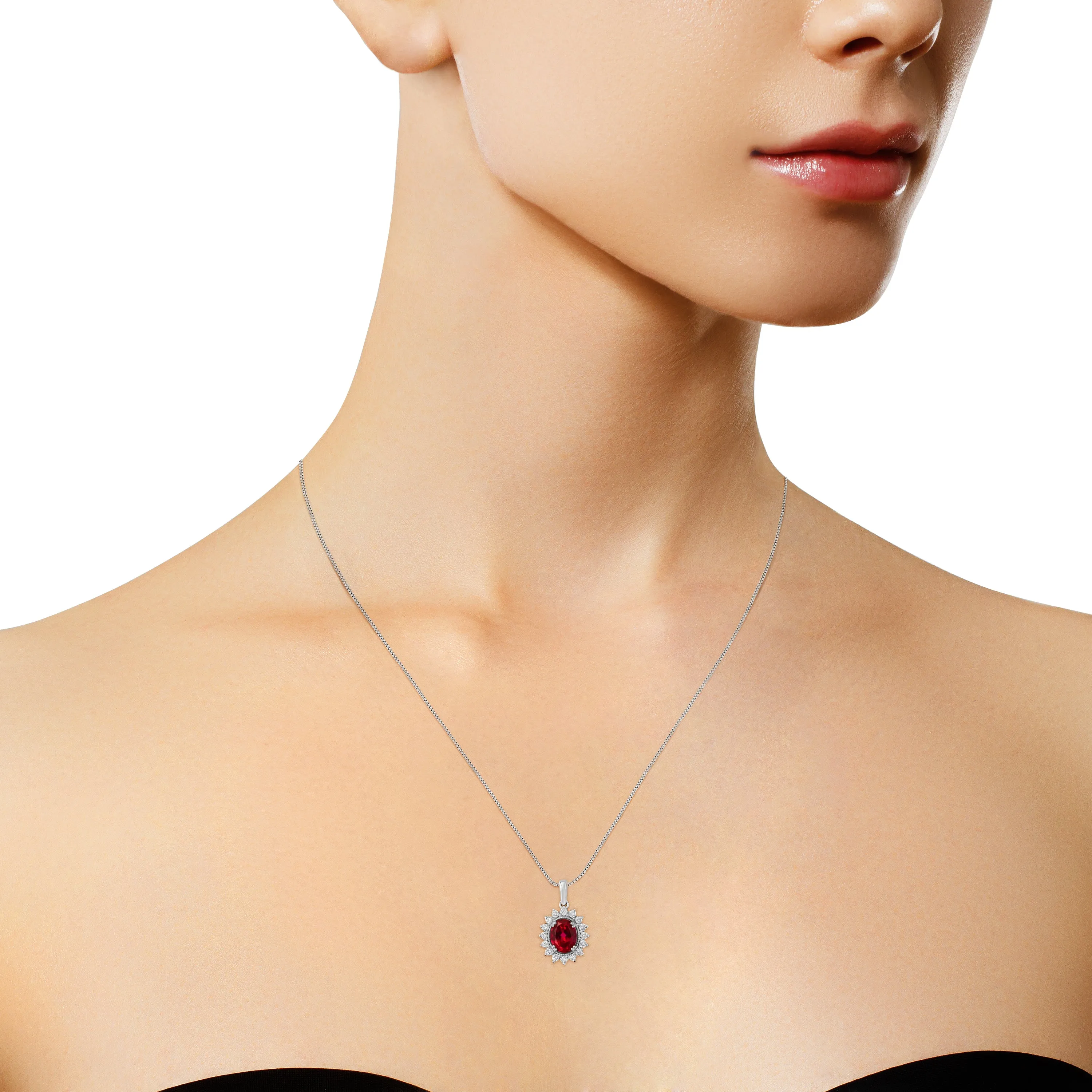 10K White Gold Created 9MM Ruby Gemstone and Natural Diamond Pendant Necklace