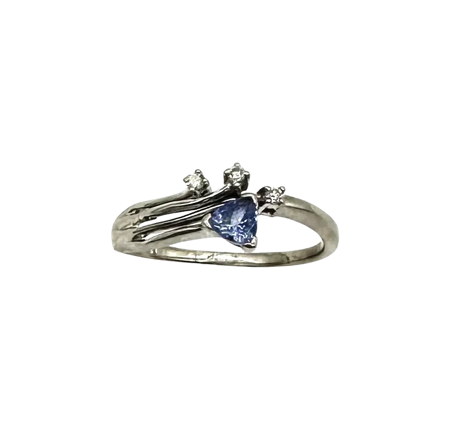 10k White Gold Ring with Trillion-Cut Tanzanite and Diamond Accents