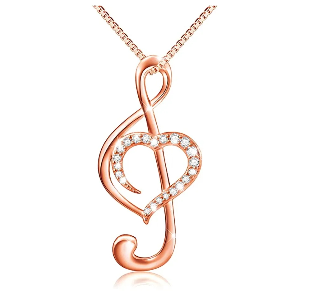 1/4 ct. Simulated Diamond Heart Treble Clef Note Necklace Music Note Charm Musician Jewelry Singer Gift 925 Sterling Silver 20in.