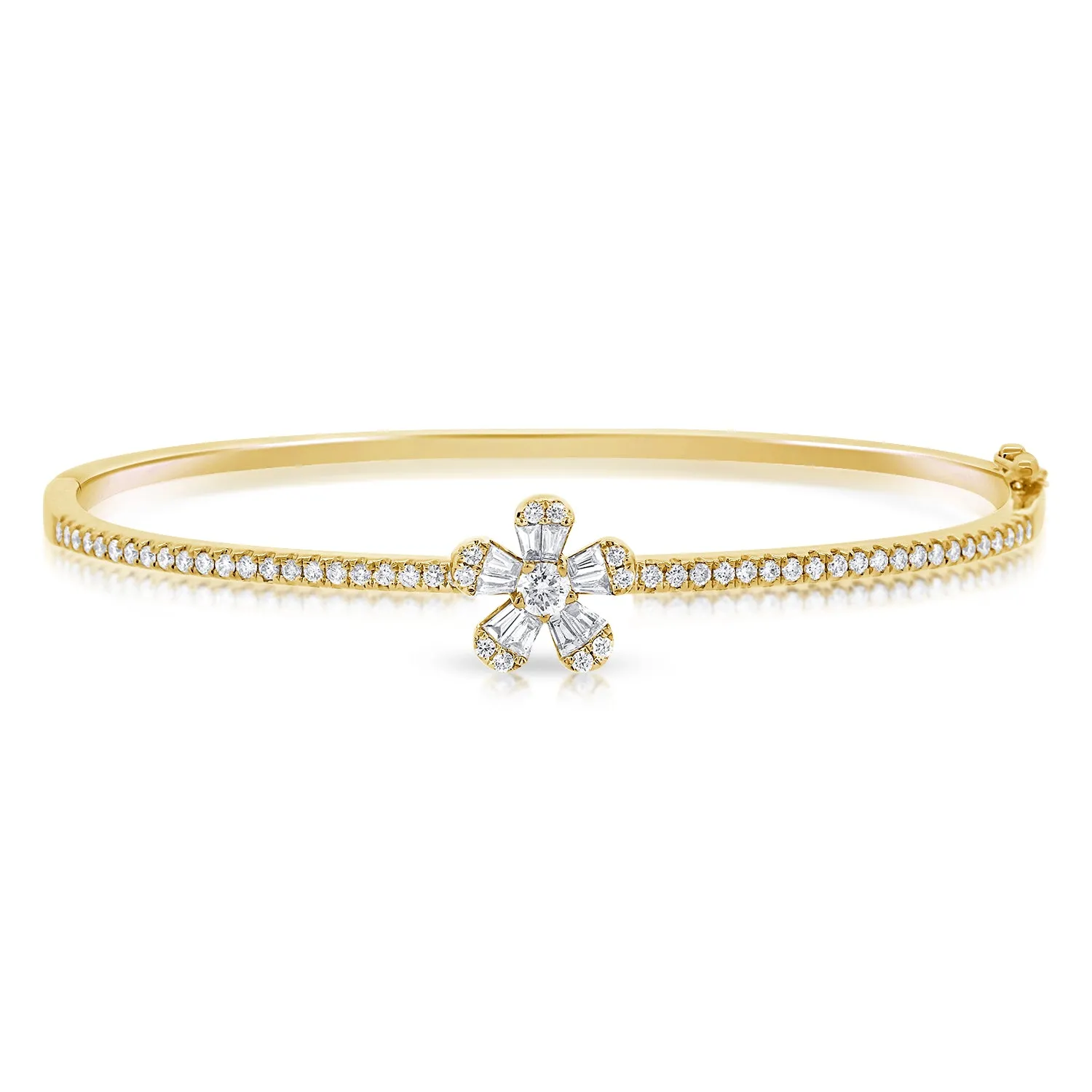 14K Gold Baguette Diamond Flower Bangle