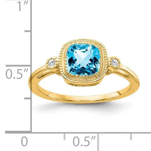 14k Gold Cushion Cut Swiss Blue Topaz and Diamond Ring