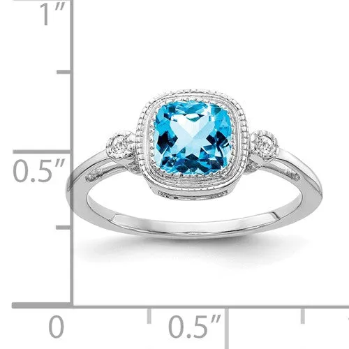 14k Gold Cushion Cut Swiss Blue Topaz and Diamond Ring