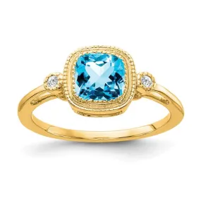 14k Gold Cushion Cut Swiss Blue Topaz and Diamond Ring