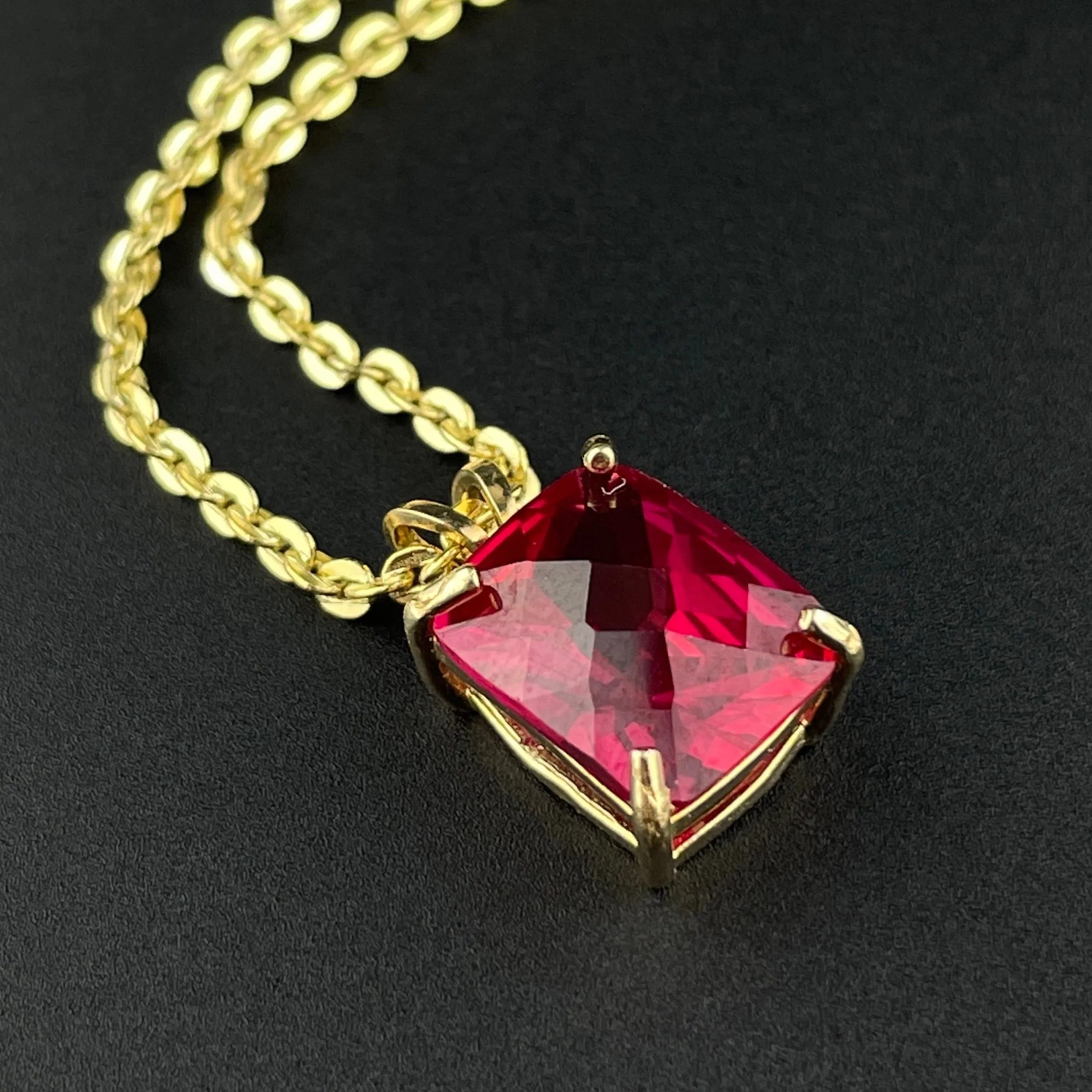 14K Gold Large Emerald Cut Ruby Pendant Charm Necklace