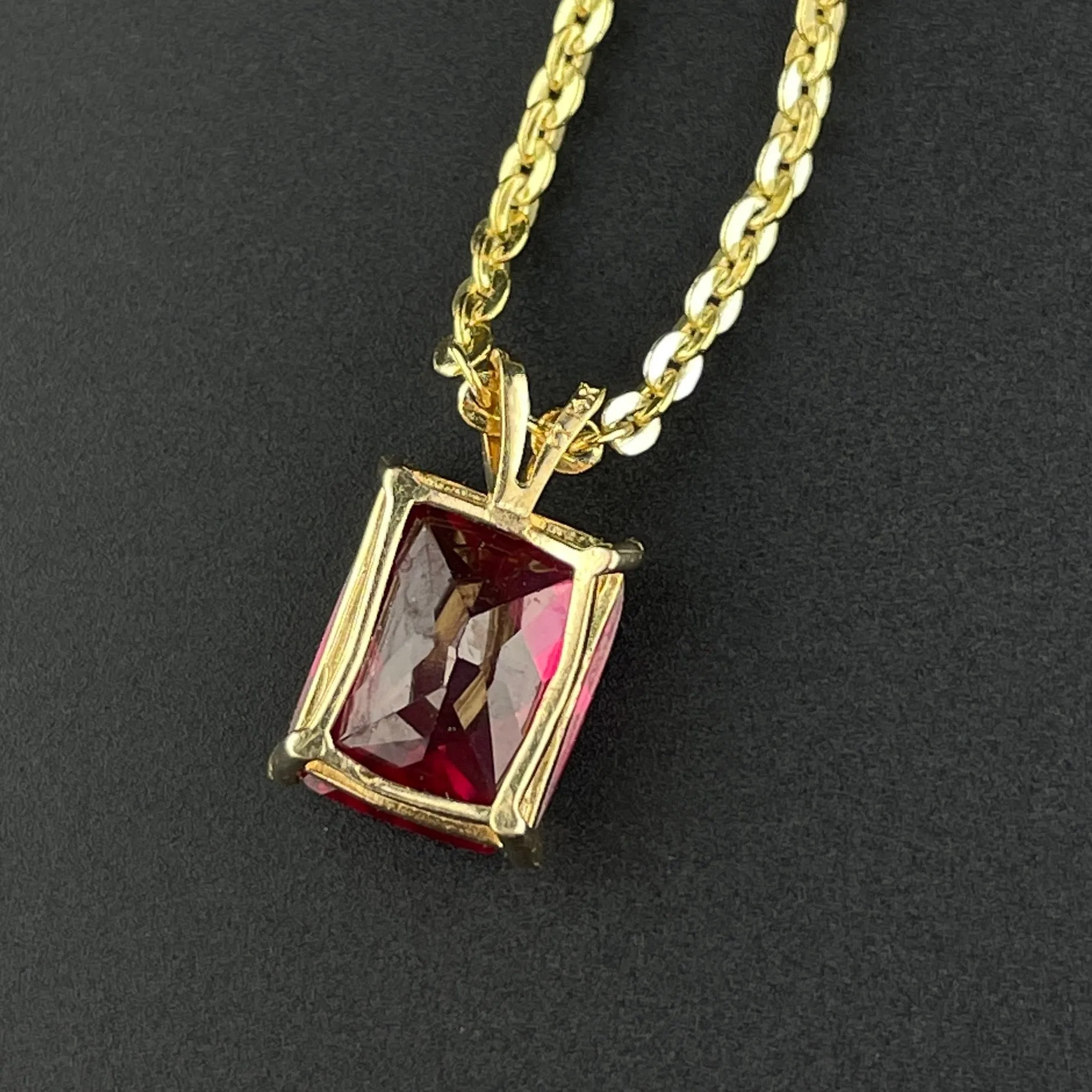 14K Gold Large Emerald Cut Ruby Pendant Charm Necklace