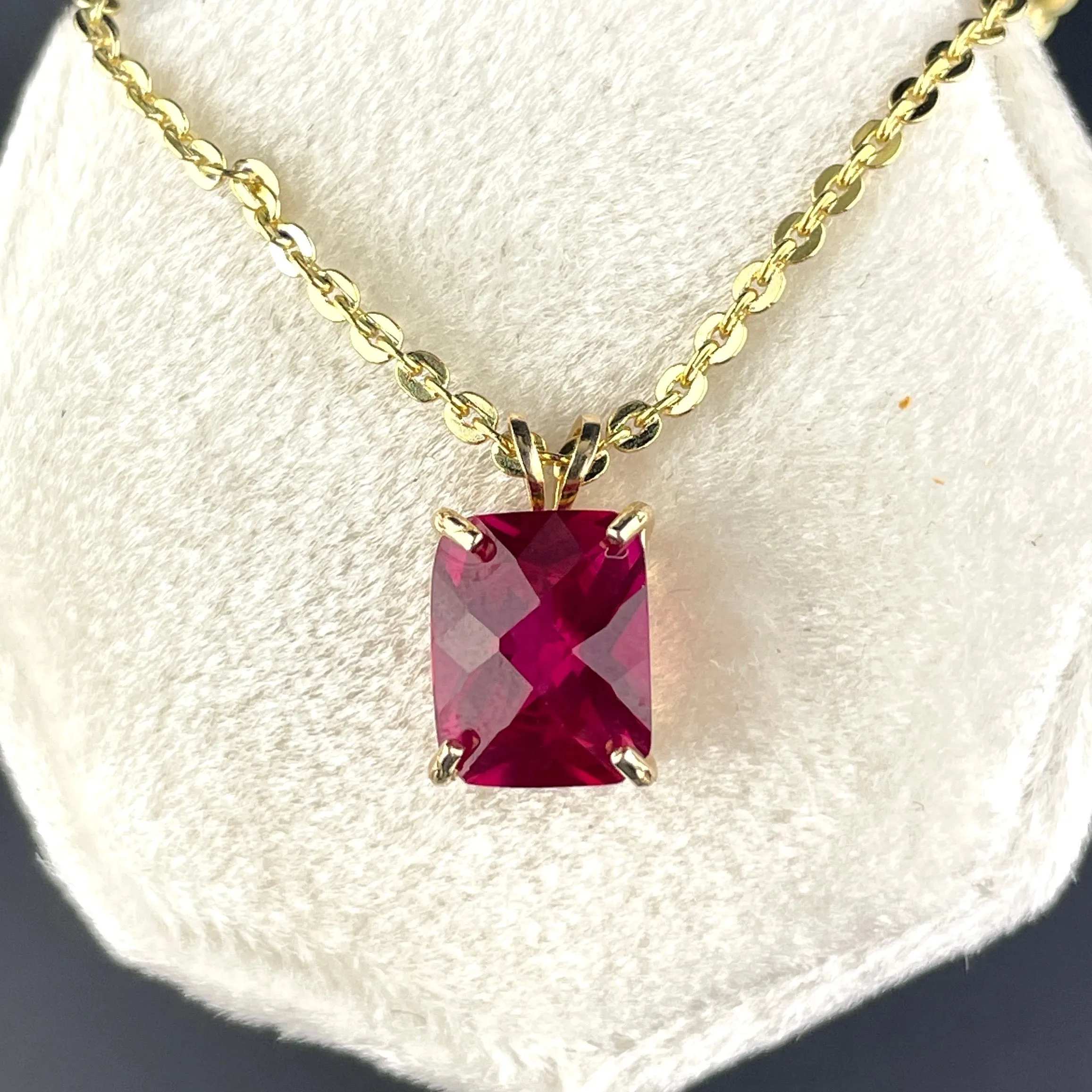 14K Gold Large Emerald Cut Ruby Pendant Charm Necklace