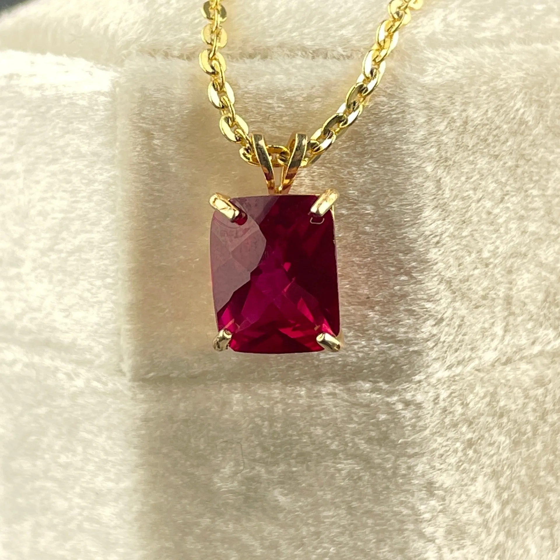 14K Gold Large Emerald Cut Ruby Pendant Charm Necklace