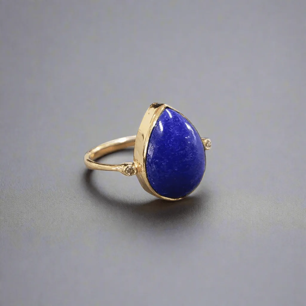 14k Gold Pear Shape Lapis & Diamond Ring