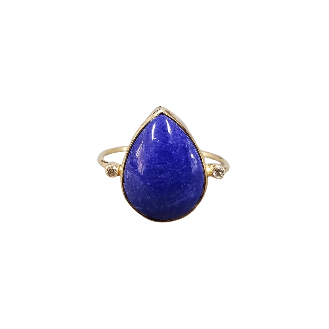 14k Gold Pear Shape Lapis & Diamond Ring