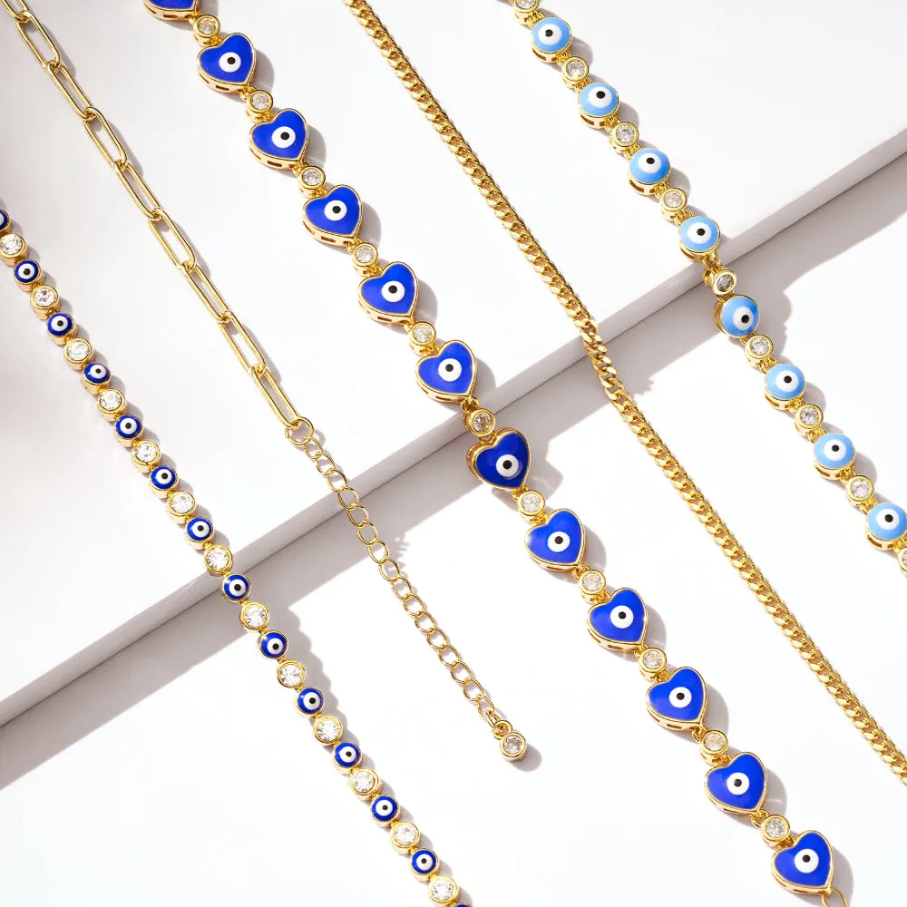 14k Gold Plated Dainty Layered Evil Eye Bracelets- Love Dark Blue Eye