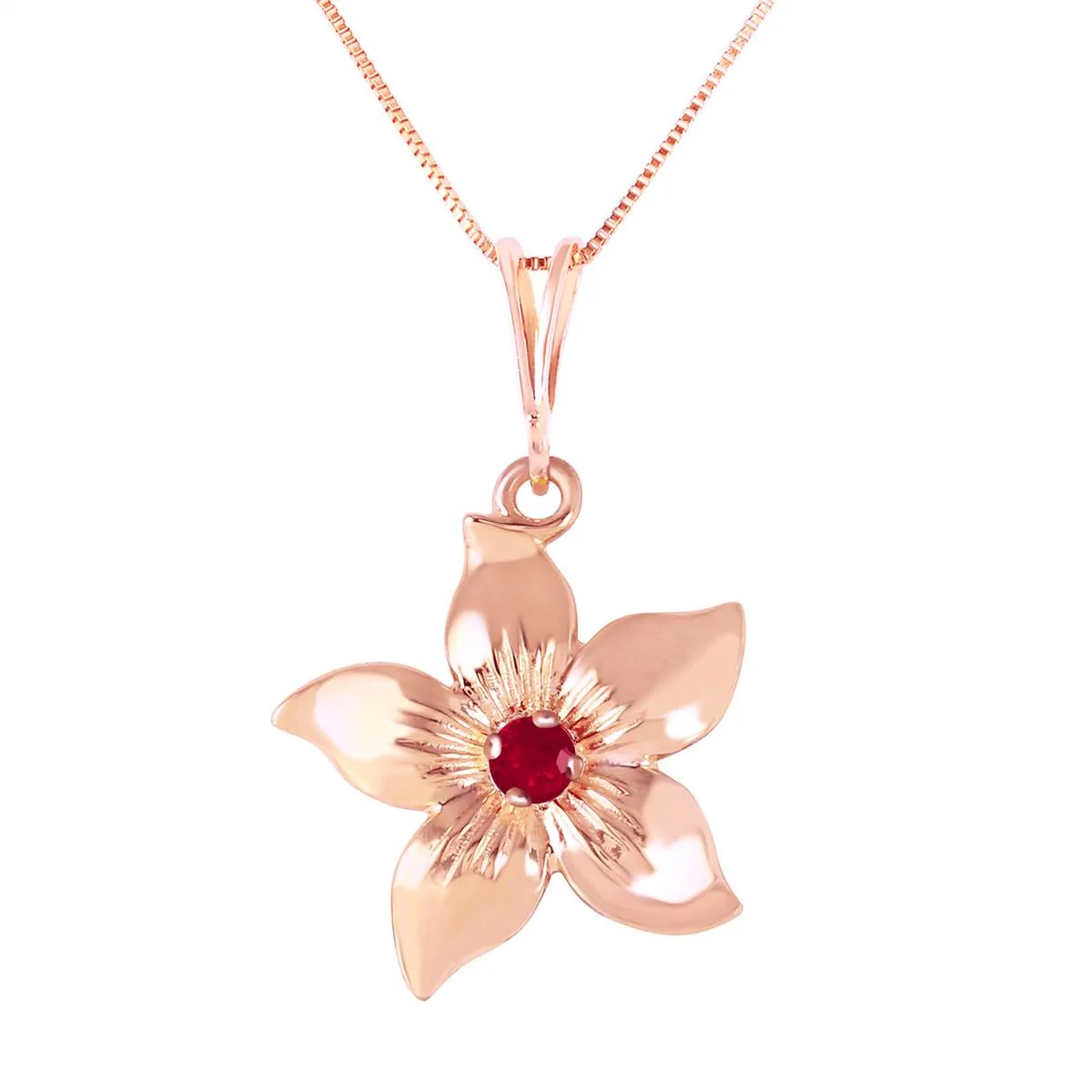 14K Solid Rose Gold Flower Necklace w/ Natural Ruby