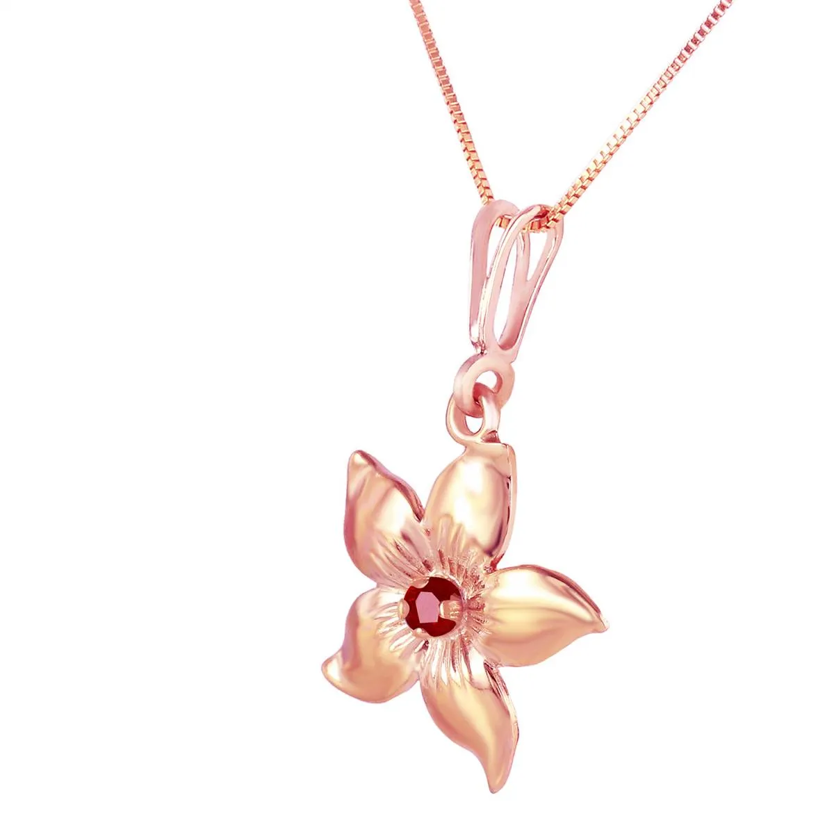 14K Solid Rose Gold Flower Necklace w/ Natural Ruby