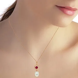 14K Solid Rose Gold Necklace w/ Natural Pearl & Ruby