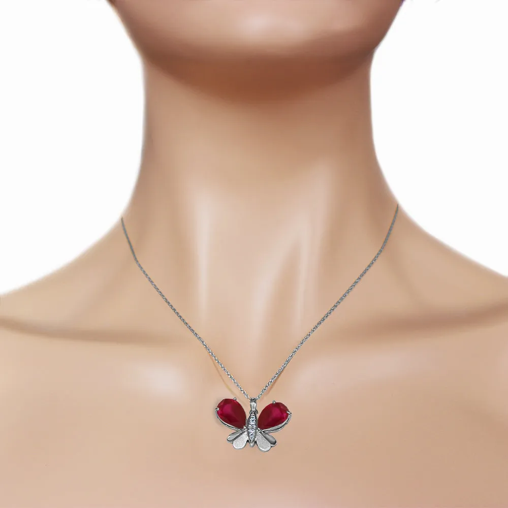 14K Solid White Gold Butterfly Necklace Natural Diamond & Ruby Certified