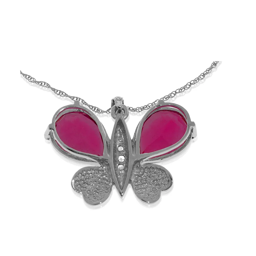 14K Solid White Gold Butterfly Necklace Natural Diamond & Ruby Certified