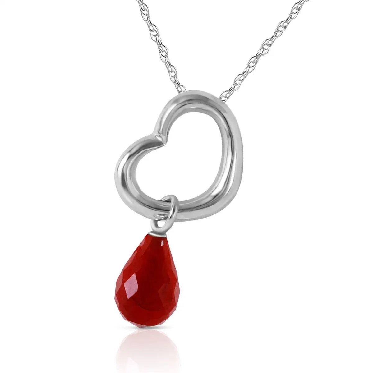 14K Solid White Gold Heart Necklace w/ Dangling Natural Ruby