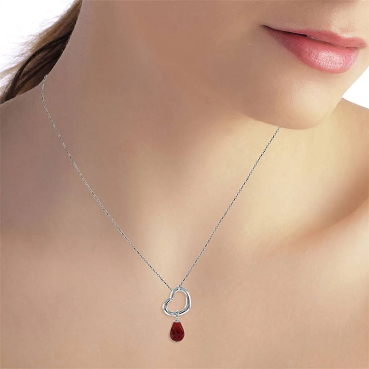 14K Solid White Gold Heart Necklace w/ Dangling Natural Ruby