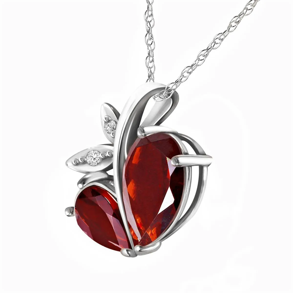 14K Solid White Gold Modern Heart Necklace w/ Natural Diamond & Rubies