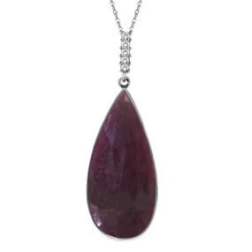 14K Solid White Gold Necklace w/ Diamonds & Pear Shape Checkerboard Cut Dyed Ruby