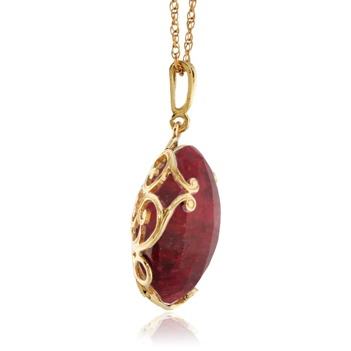 14K Solid Yellow Gold Necklace w/ Checkerboard Cut Round Dyed Ruby