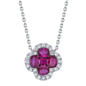 14K White Gold Ruby and Diamond Clover Necklace