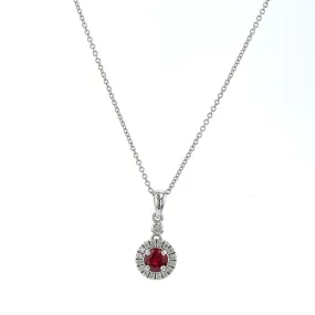 14K White Gold Ruby and Diamond Halo Pendant Necklace