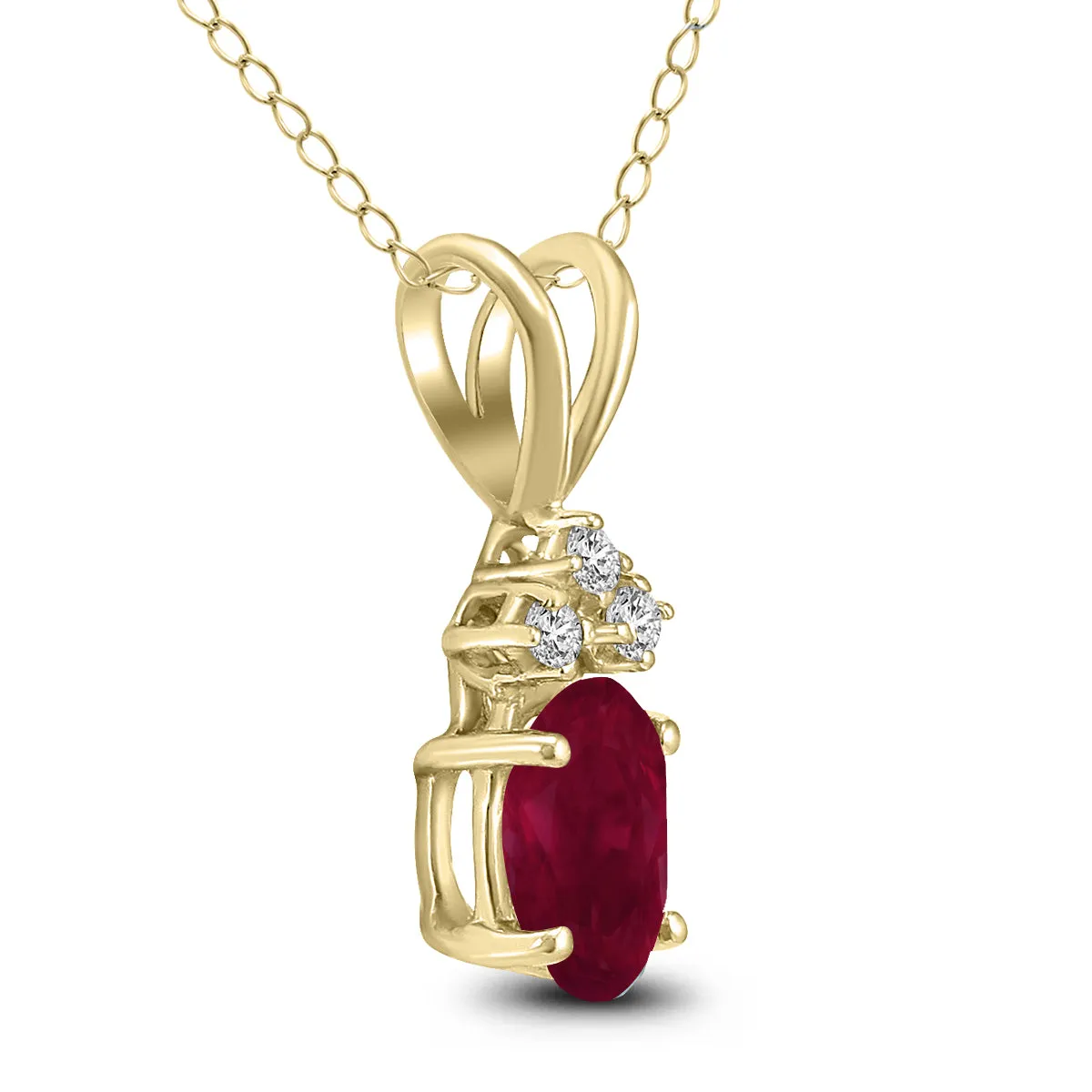 14K Yellow Gold 5X3Mm Oval Ruby And Three Stone Diamond Pendant