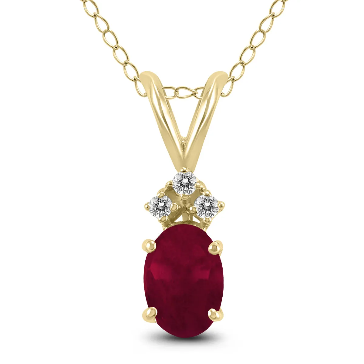 14K Yellow Gold 5X3Mm Oval Ruby And Three Stone Diamond Pendant