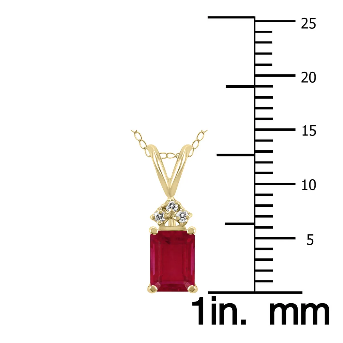 14K Yellow Gold 6X4Mm Emerald Shaped Ruby And Three Stone Diamond Pendant