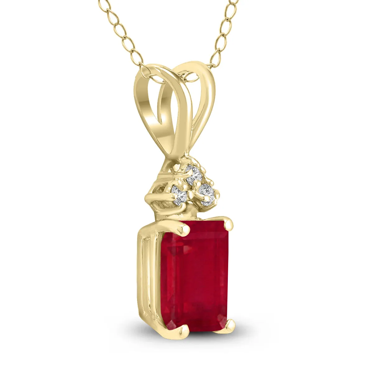 14K Yellow Gold 6X4Mm Emerald Shaped Ruby And Three Stone Diamond Pendant