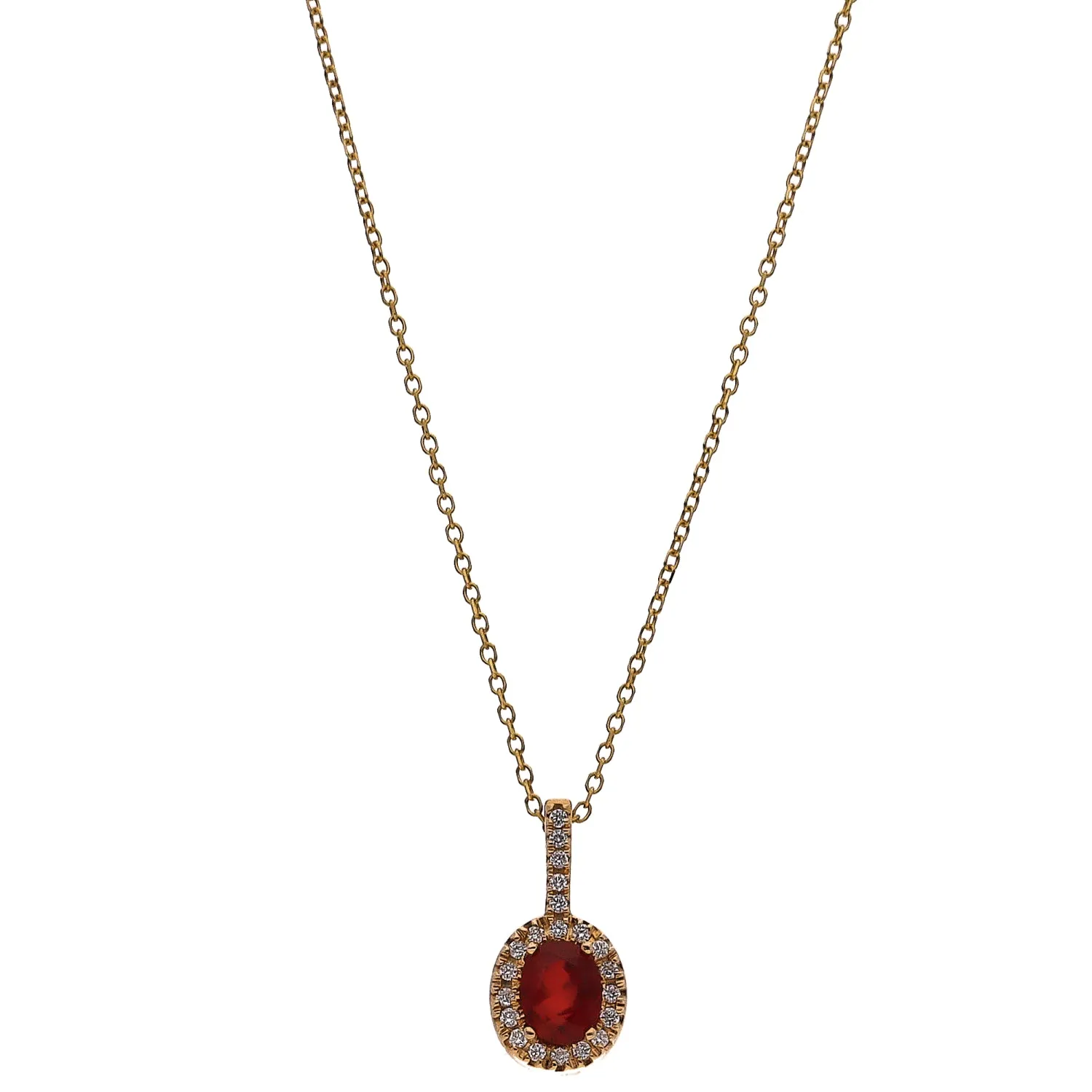 14K Yellow Gold Oval Ruby with Diamond Halo Pendant Necklace