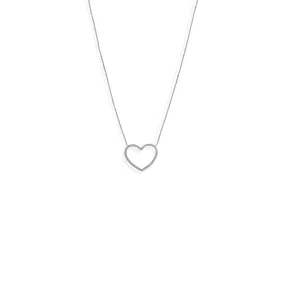 16"   2" Rhodium Plated Diamond Cut Heart Outline Necklace