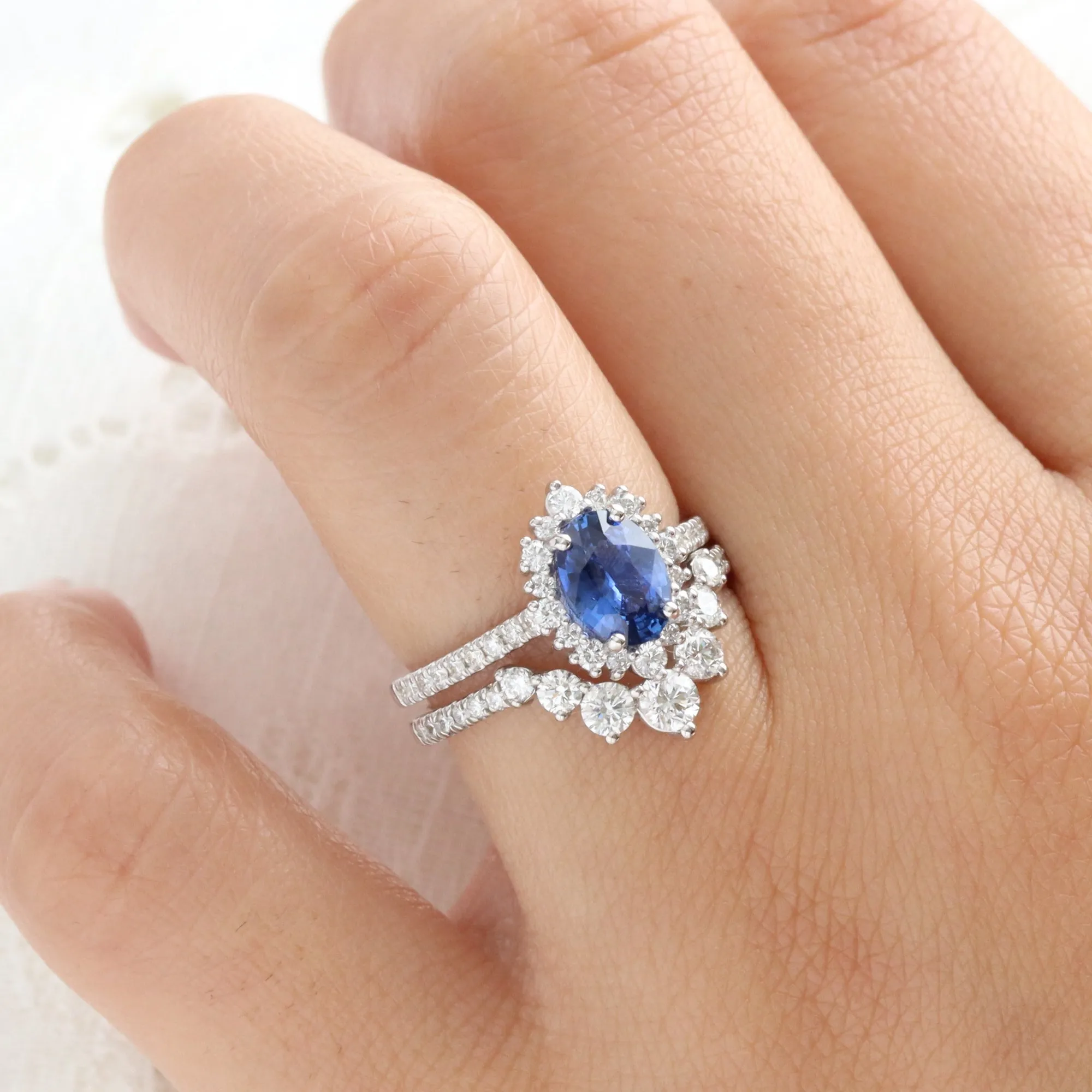 1.8 Ct Oval Blue Sapphire Ring in 14k White Gold Tiara Halo Diamond Band Size 6.5