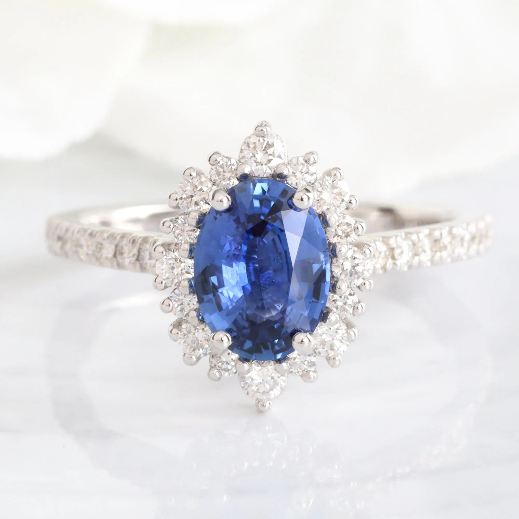 1.8 Ct Oval Blue Sapphire Ring in 14k White Gold Tiara Halo Diamond Band Size 6.5