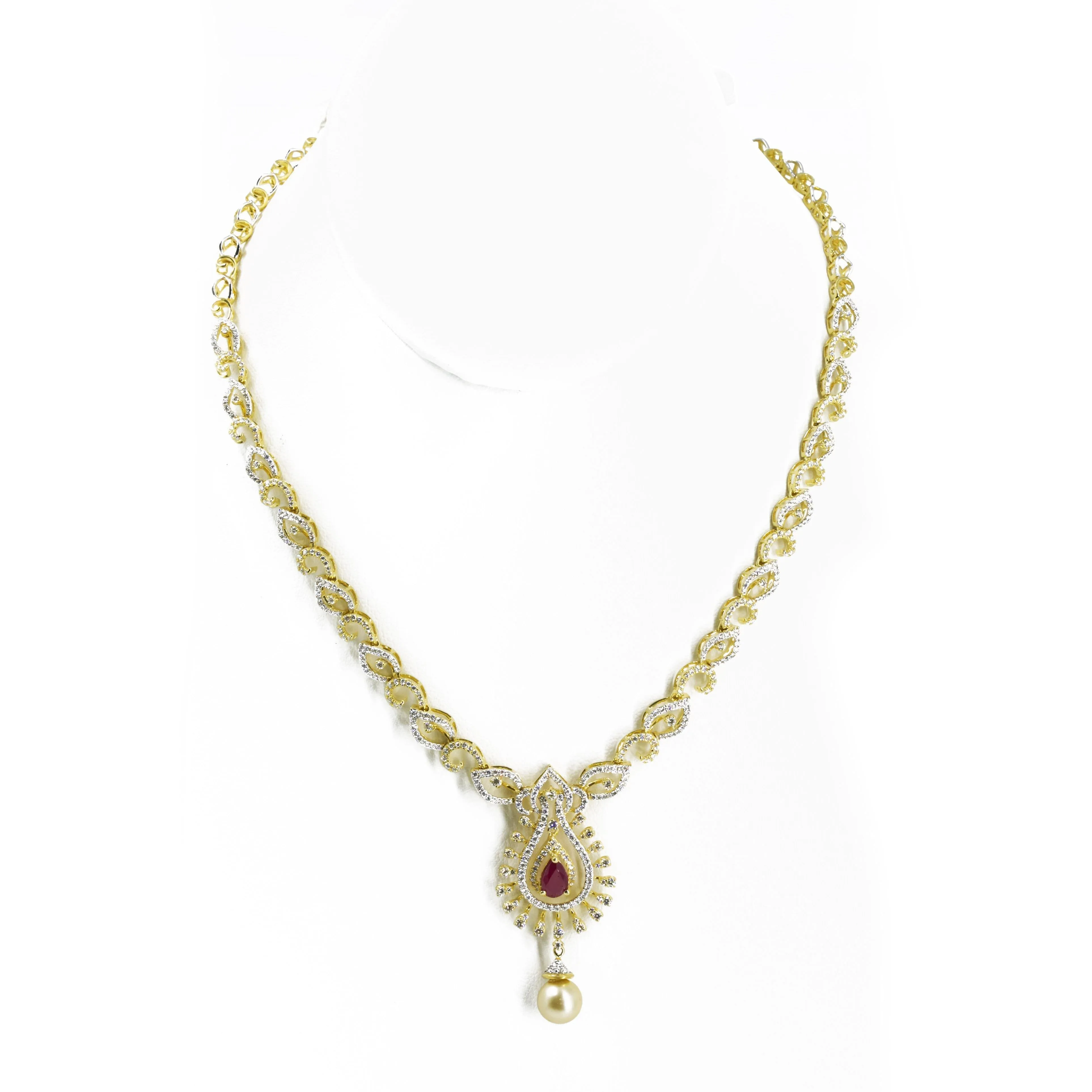 18K Multi Tone Gold Diamond Earrings & Necklace Set W/ VVS Diamonds, Rubies, South Sea Pearl & Pear Shaped Pendant