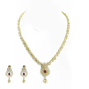 18K Multi Tone Gold Diamond Earrings & Necklace Set W/ VVS Diamonds, Rubies, South Sea Pearl & Pear Shaped Pendant