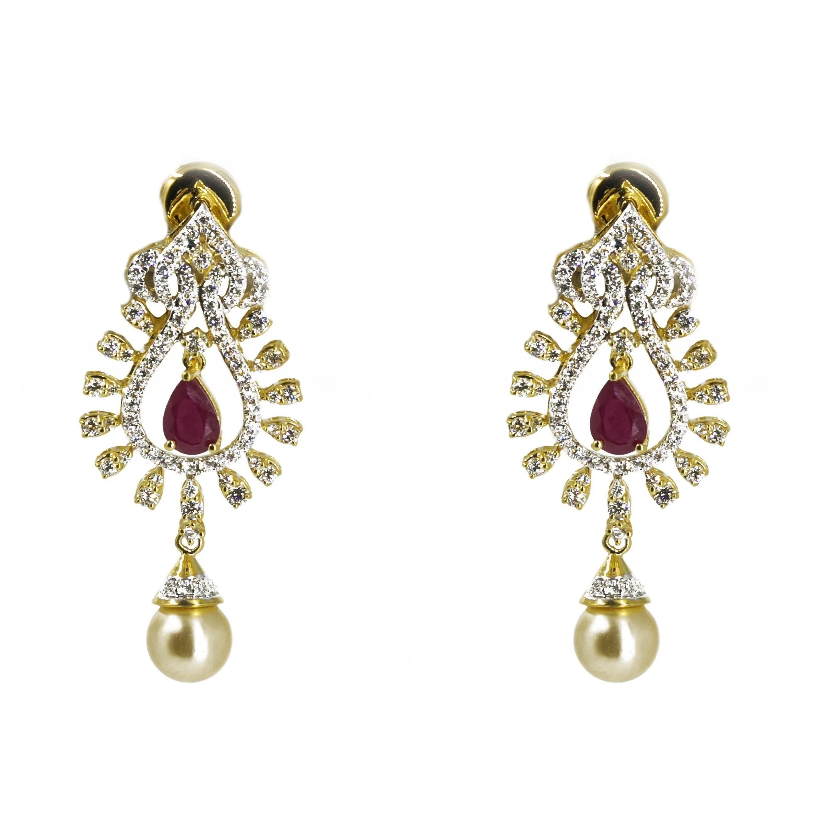 18K Multi Tone Gold Diamond Earrings & Necklace Set W/ VVS Diamonds, Rubies, South Sea Pearl & Pear Shaped Pendant