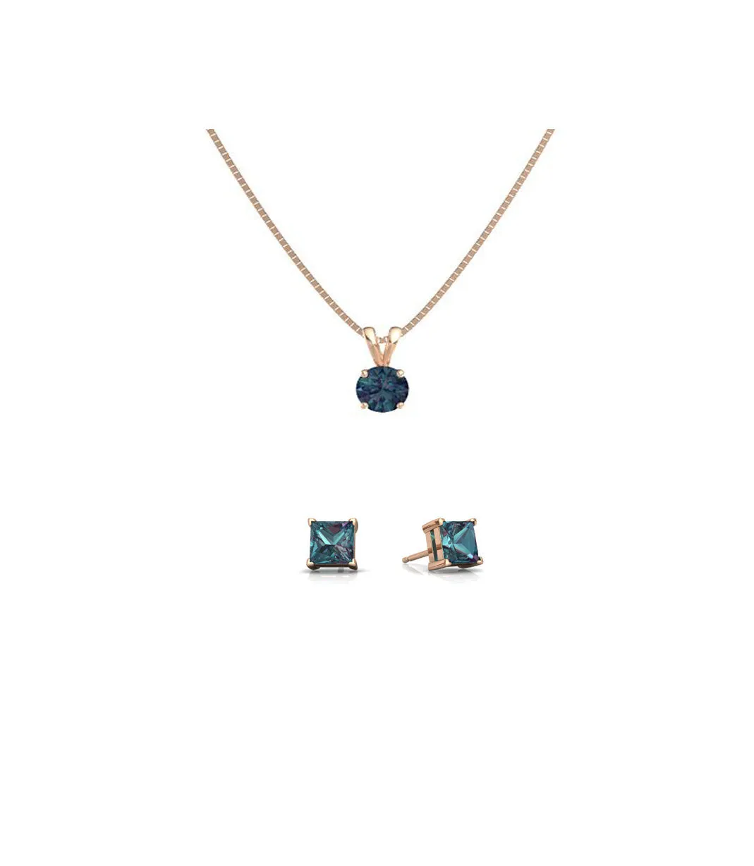 18K Rose Gold 3ct Alexandrite Round 18 Inch Necklace and Square Earrings Set Plated