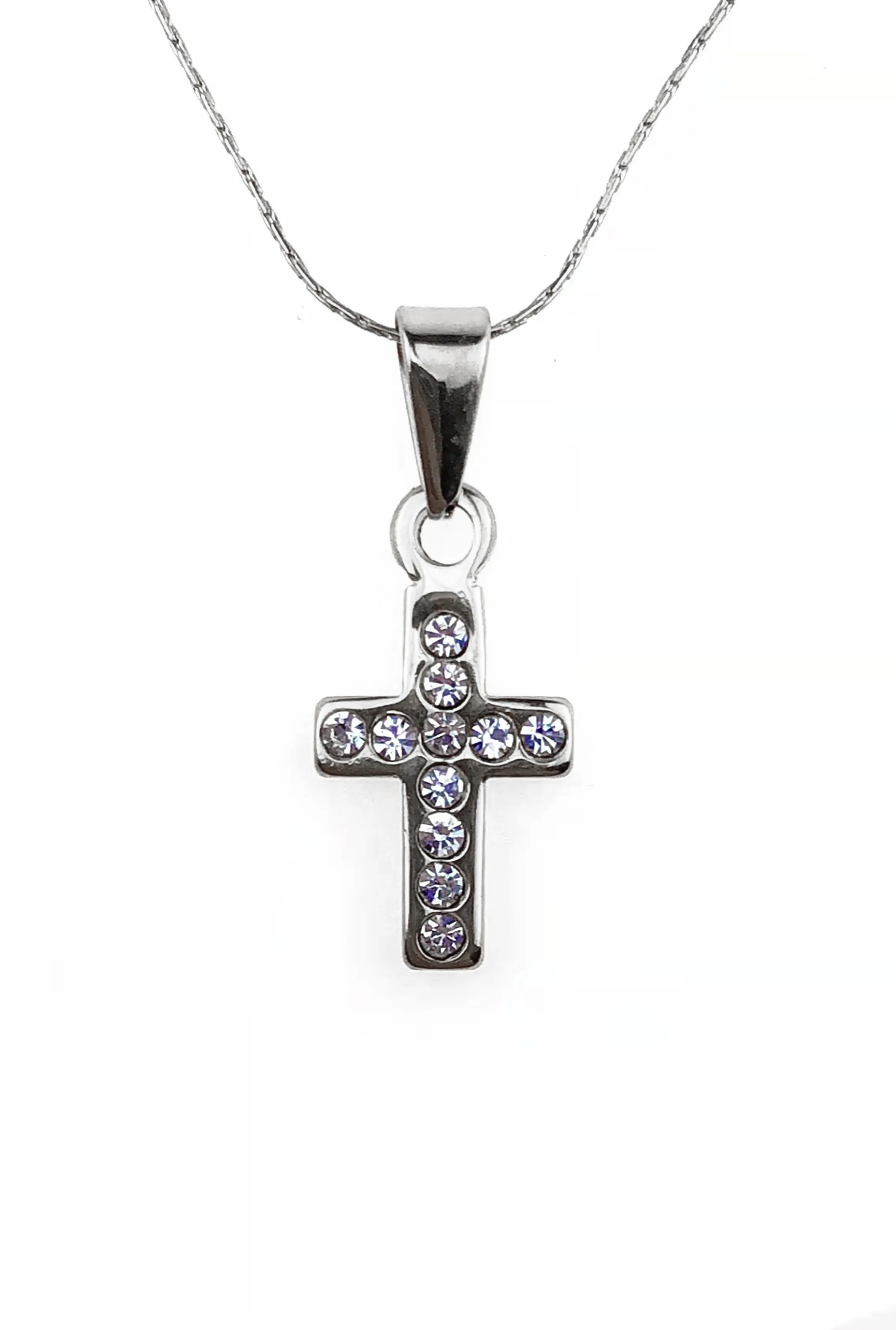 18K White Gold 2 ct Created Diamond Cross Stud Necklace Plated 18 inch