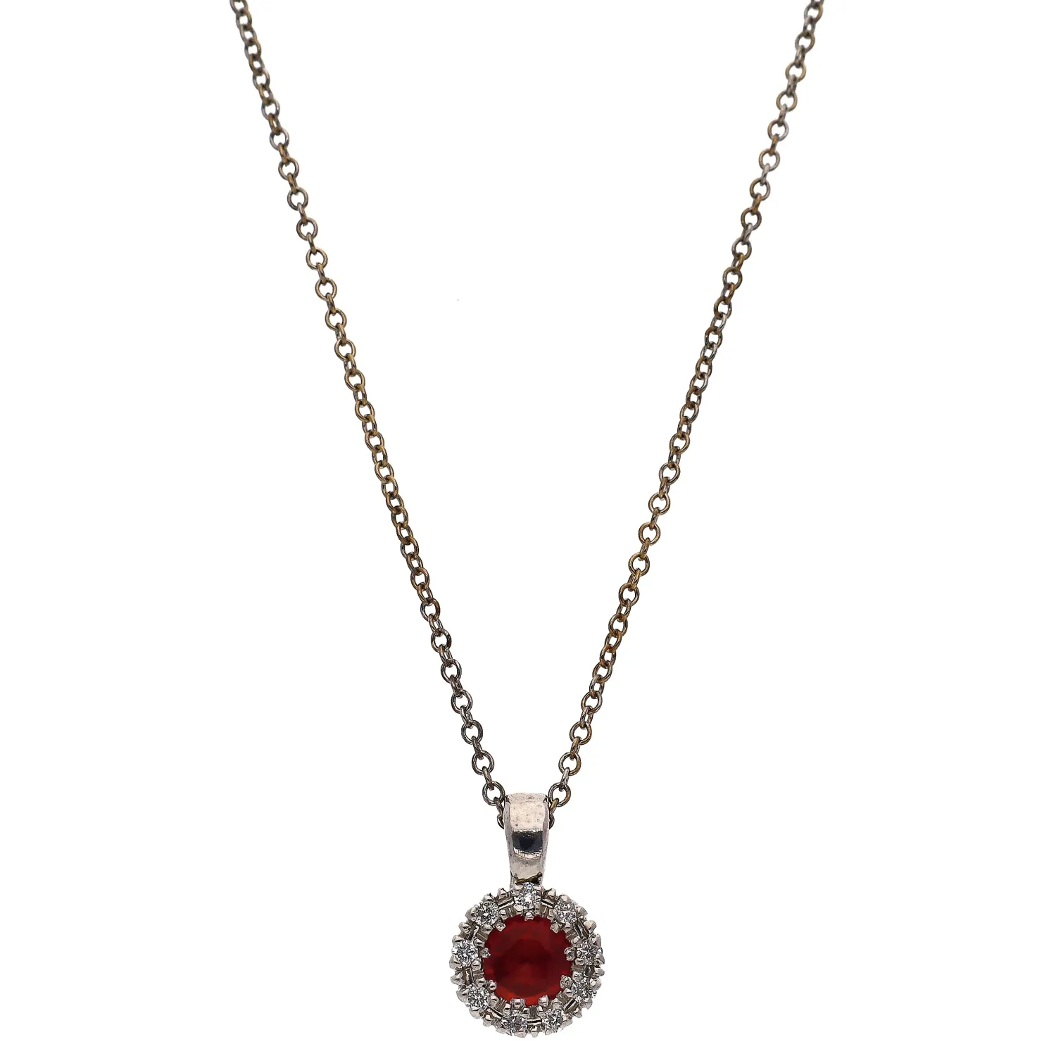 18K White Gold Round Ruby with Diamond Halo Pendant Necklace