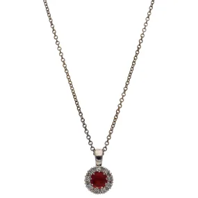 18K White Gold Round Ruby with Diamond Halo Pendant Necklace